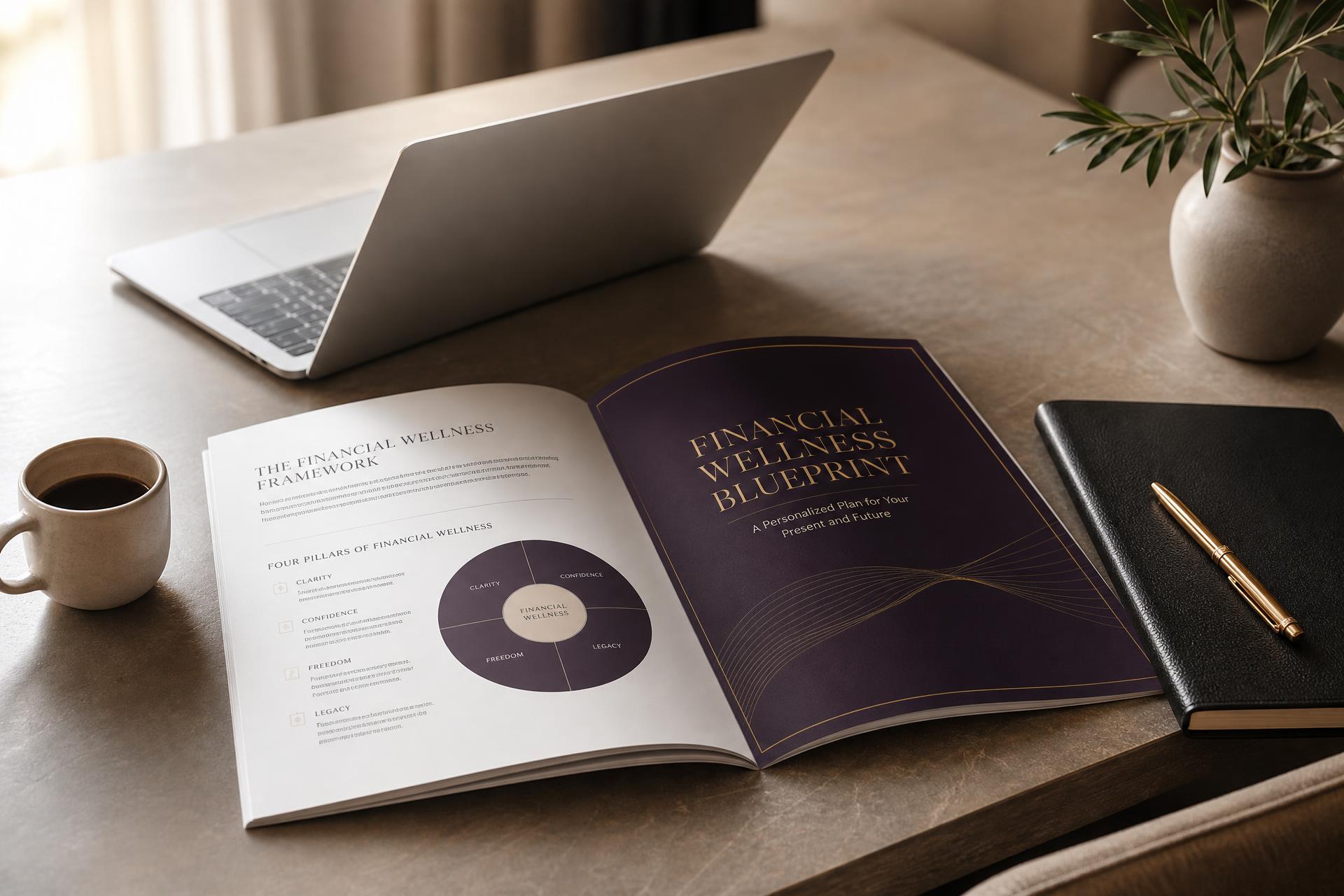 Open Financial Wellness Blueprint document beside a laptop and notebook on a sunlit desk